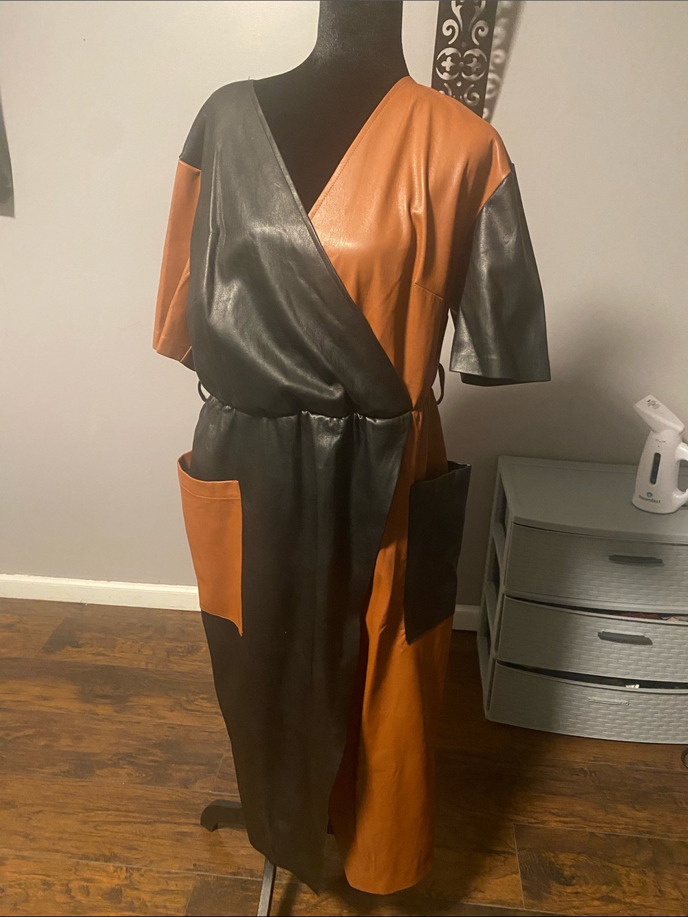 Eloquii Two-Tone Faux Leather Wrap Maxi Dress in Black and Brown